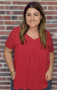 Red Frayed V-Neck Top