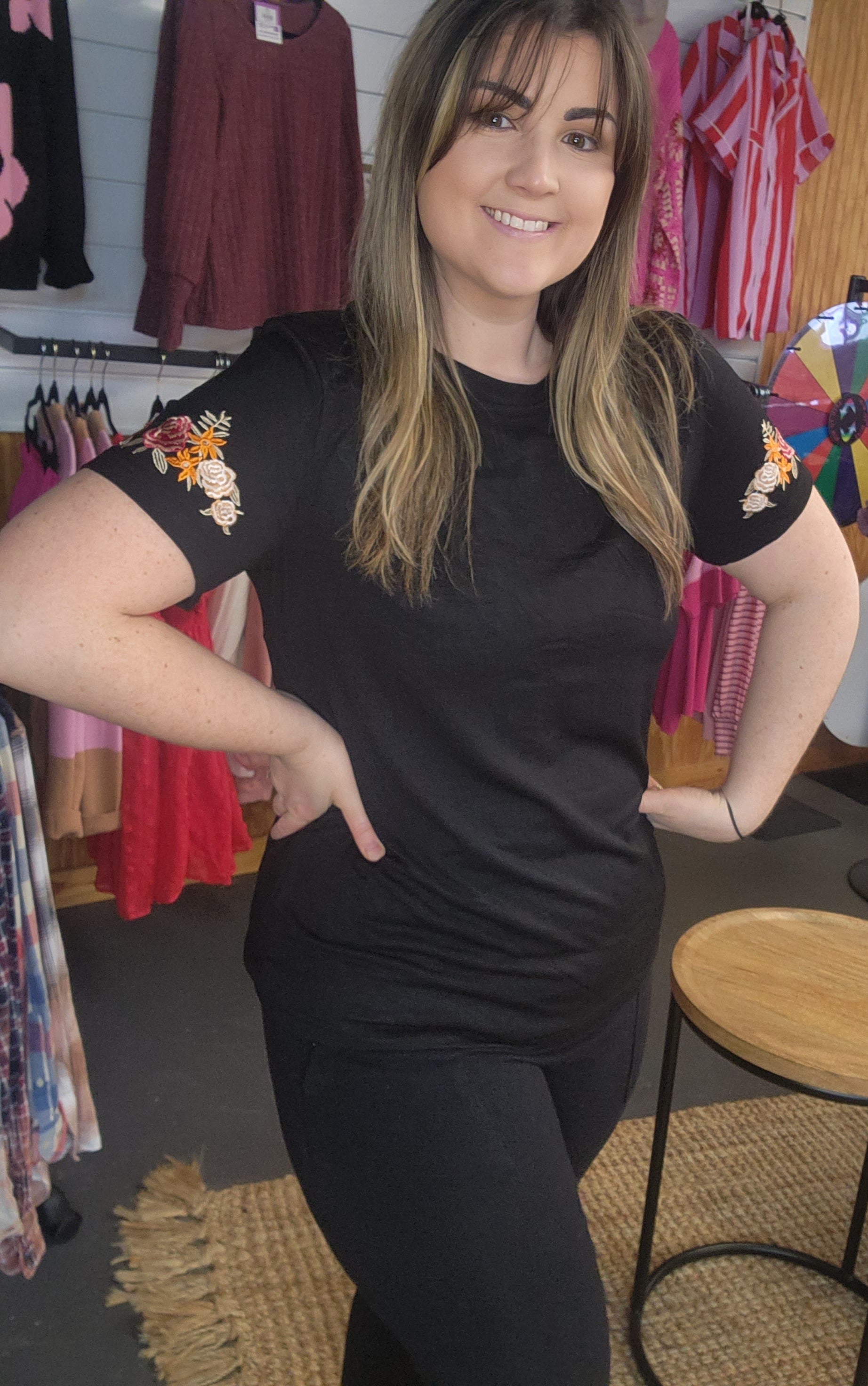 Black Classy Tee with Embroidered Sleeves