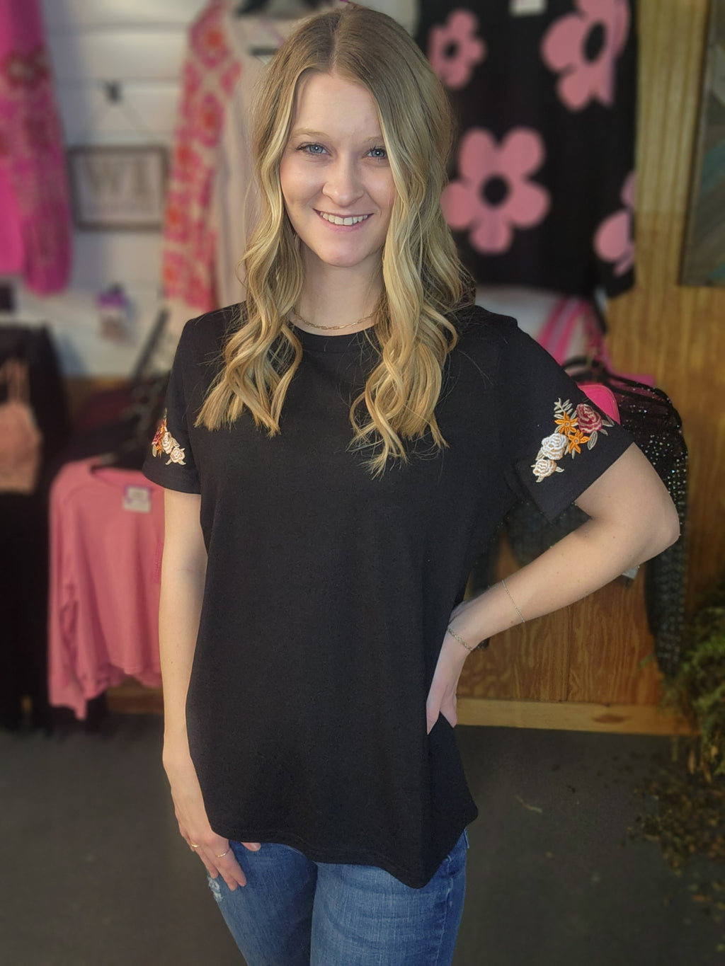 Black Classy Tee with Embroidered Sleeves