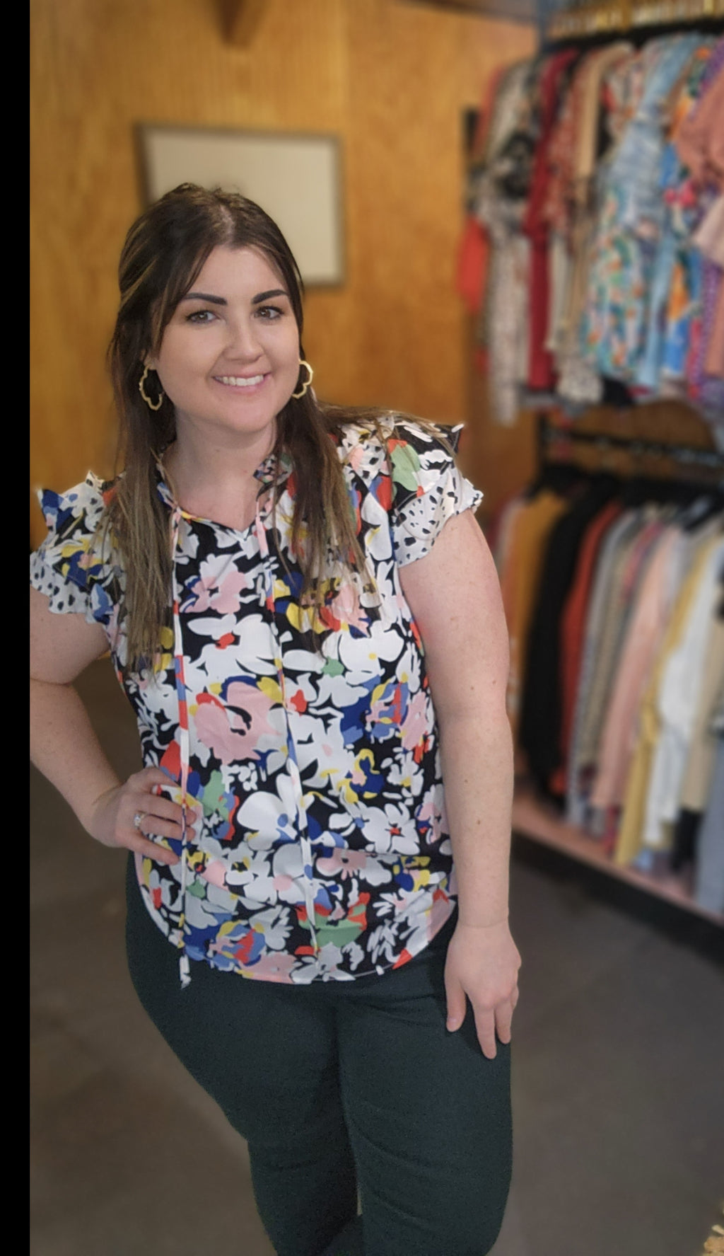 Black & Floral Ruffled Sleeve Top