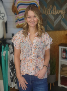 Muted Florals with Double Ruffle Sleeve Top