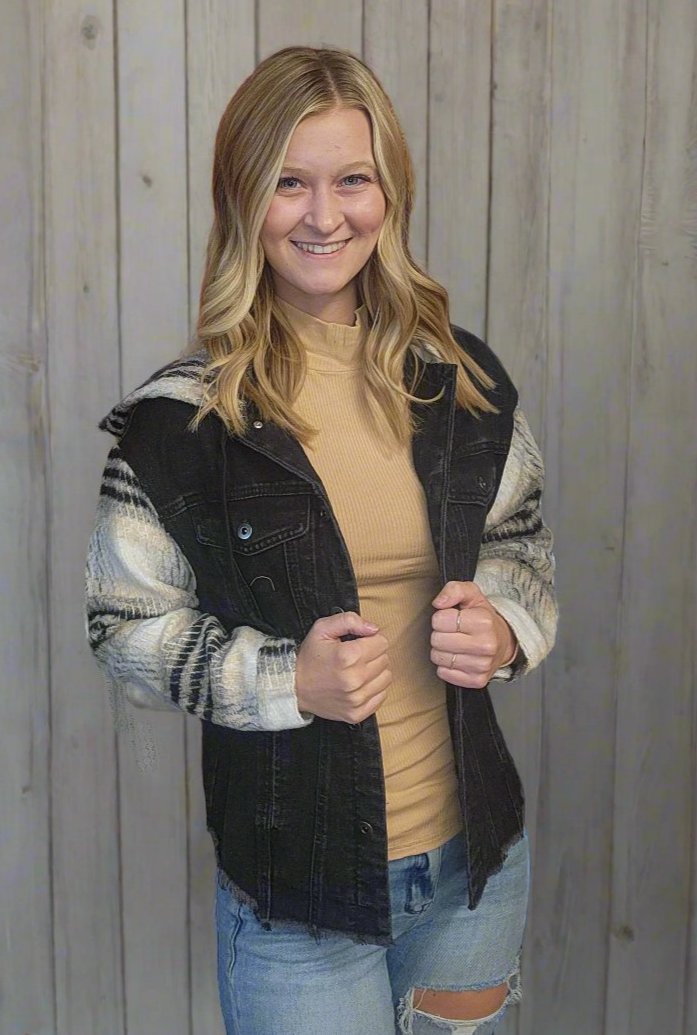 Plaid Sleeves Hooded Black Jean Jacket