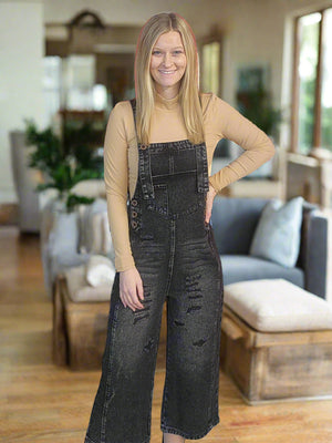 Distressed Wide Leg Denim Overall