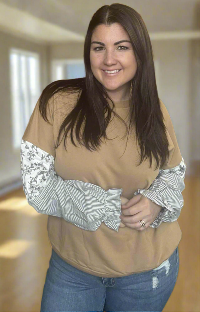 Cute As Ever Camel With Print Sleeves Top