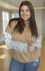 Cute As Ever Camel With Print Sleeves Top