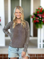 STONE WASHED CABLE-SLEEVE CREWNECK SWEATER