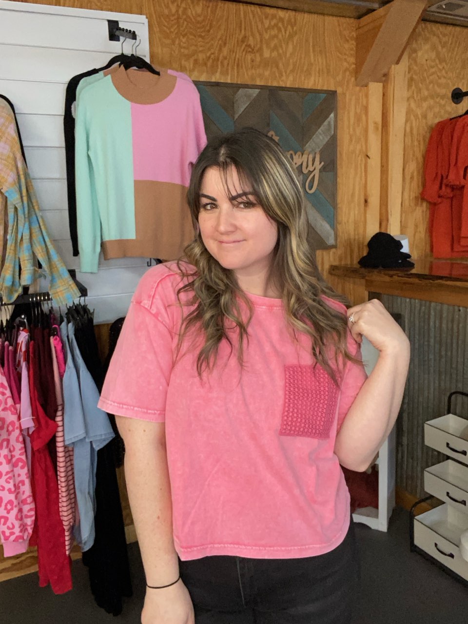 Pink Lace Pocket Short Sleeve