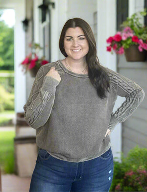 STONE WASHED CABLE-SLEEVE CREWNECK SWEATER