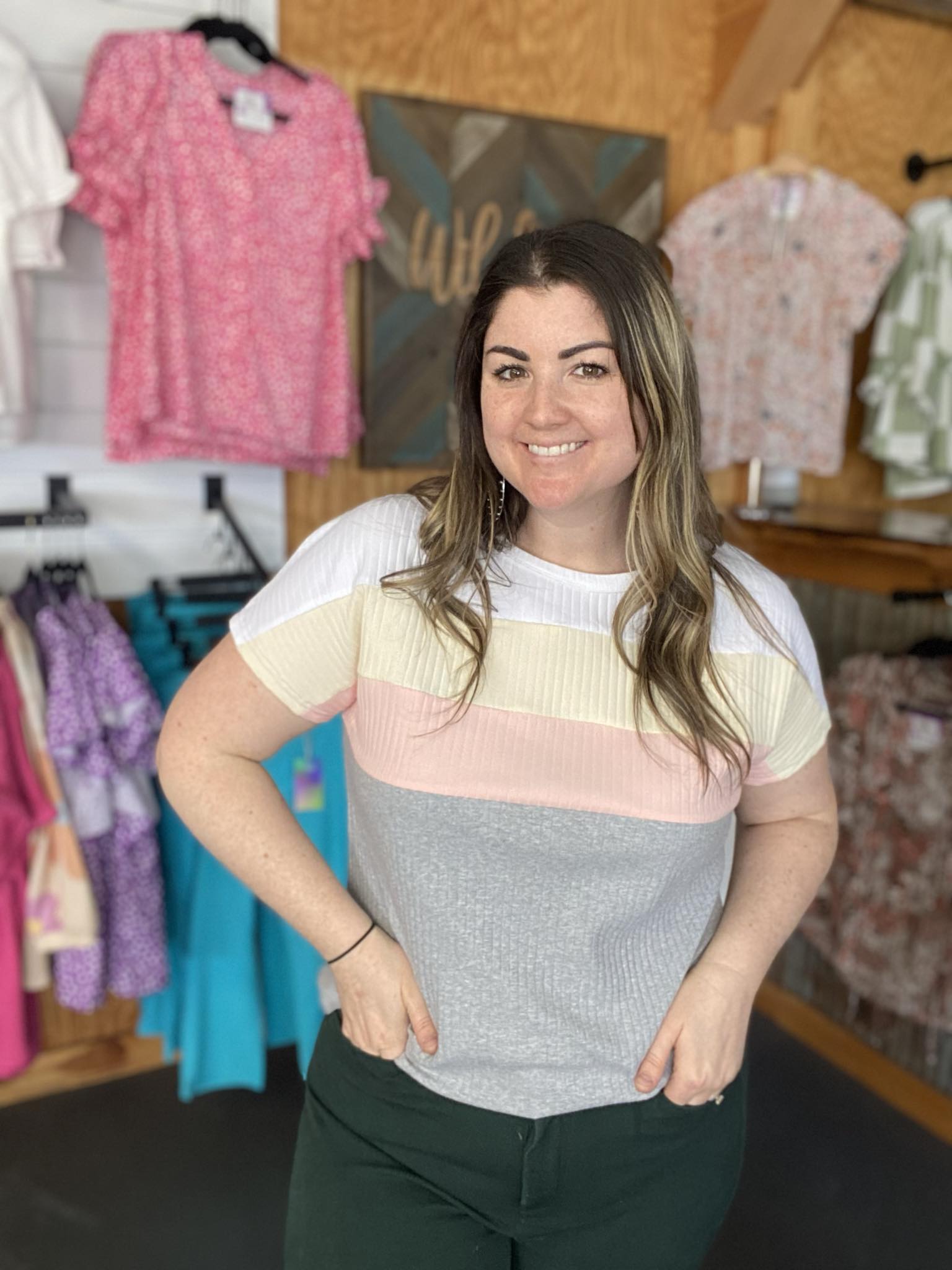 Gray/Pink/Yellow/Cream Ribbed Color Block Top