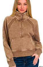 Zenana Acid Wash 1/2 Zip Fleece Pullover