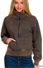 Zenana Acid Wash 1/2 Zip Fleece Pullover