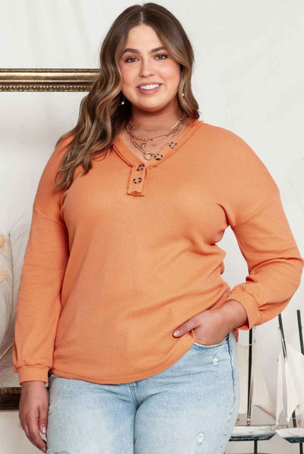 CURVY Waffle Raw Edge Button Top