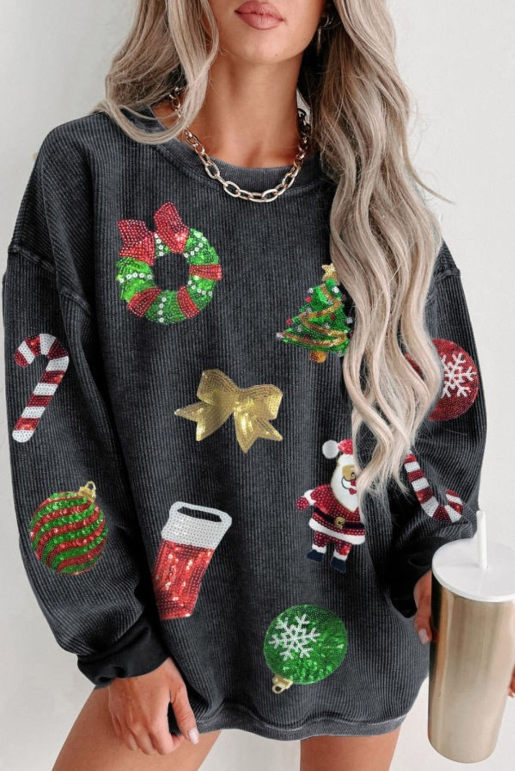 Christmas Sequenced Oversized Corded Crew