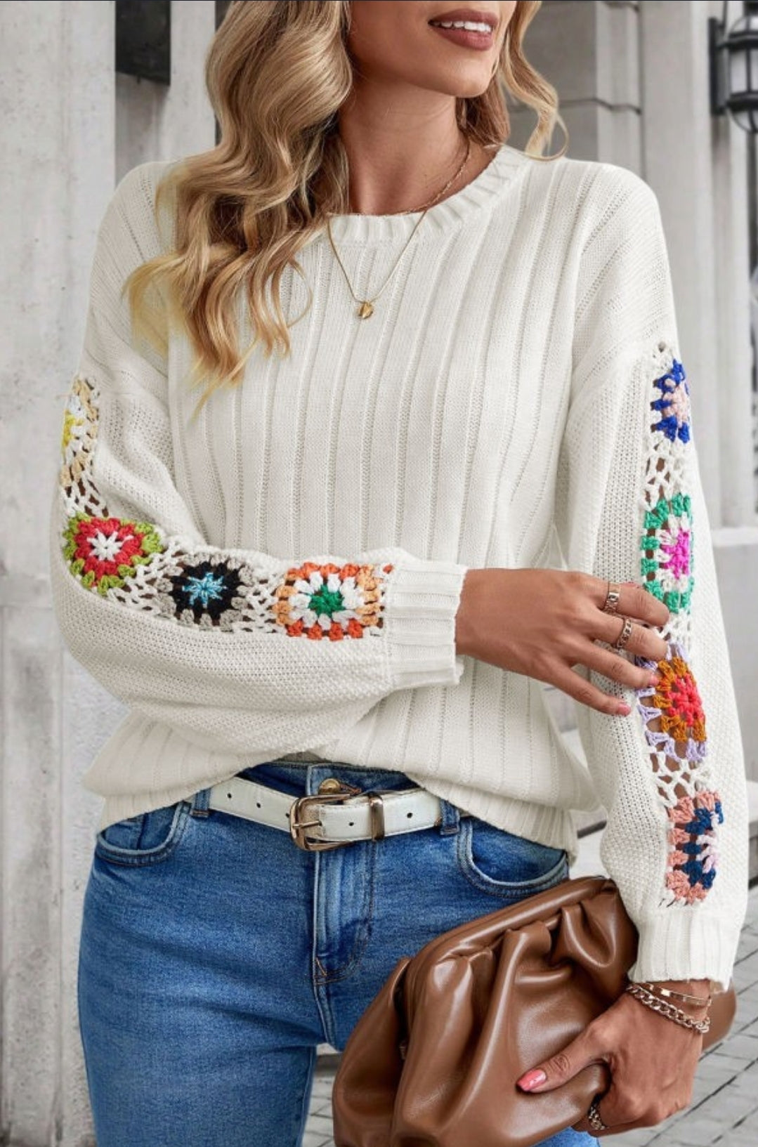 White Sweater with Crochet Sleeve Detail