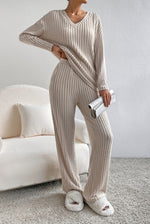 Ribbed V-Neck Lounge Set<3 colors>