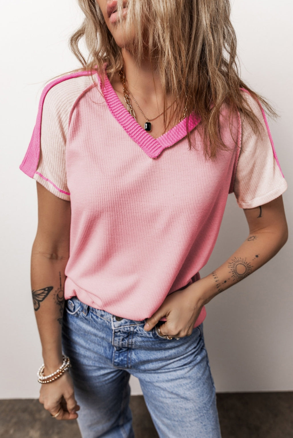 Hot Girl Pink Ribbed V-Neck
