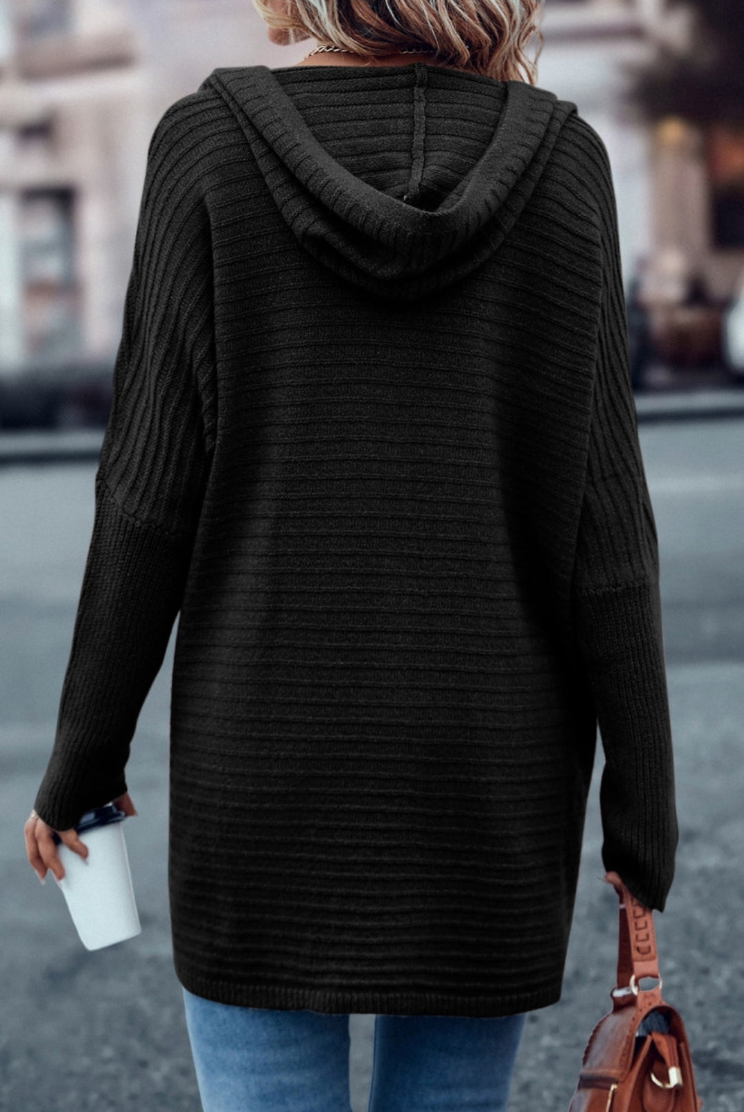 Ribbed Knit Hooded Cardigan