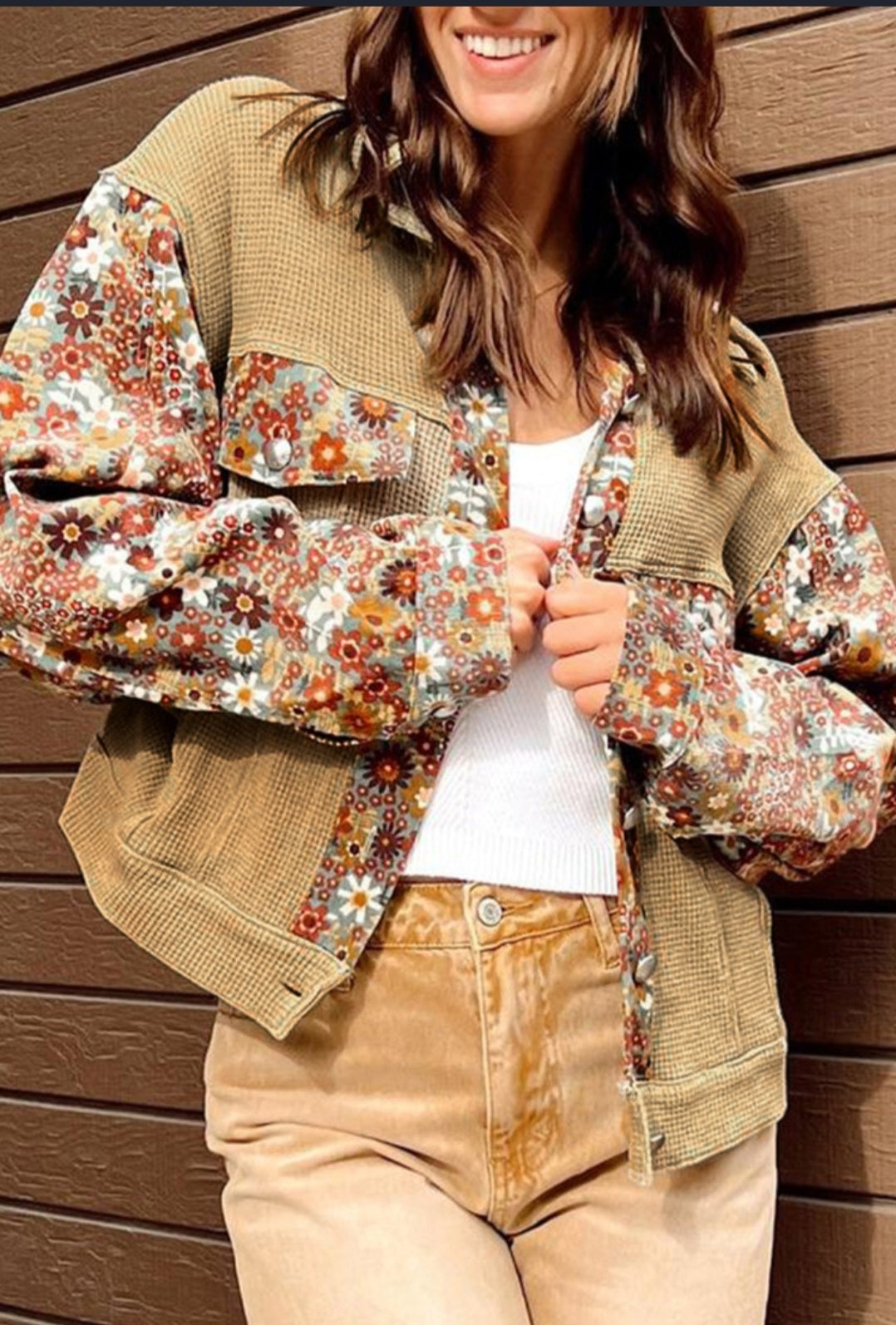 Cropped Khaki Flower Inset Jacket