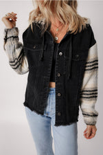 Plaid Sleeves Hooded Black Jean Jacket