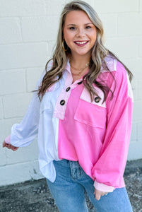 CURVY Pink Color Block Pullover