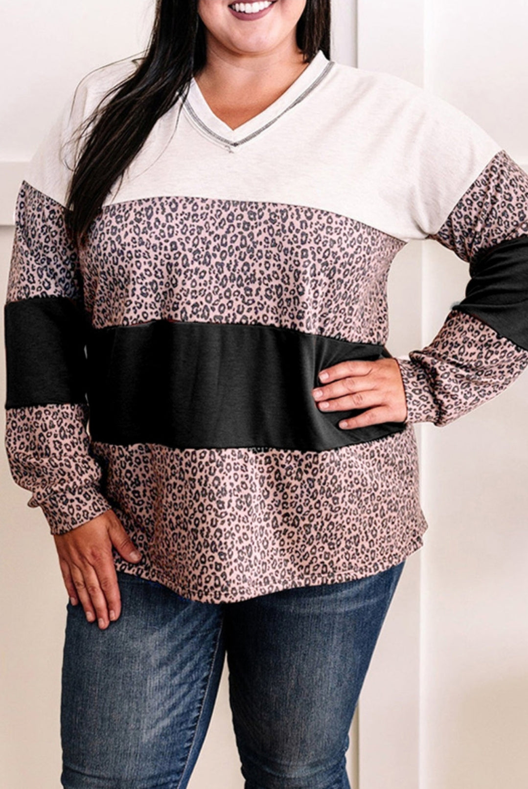 CURVY Leopard Color Block Top