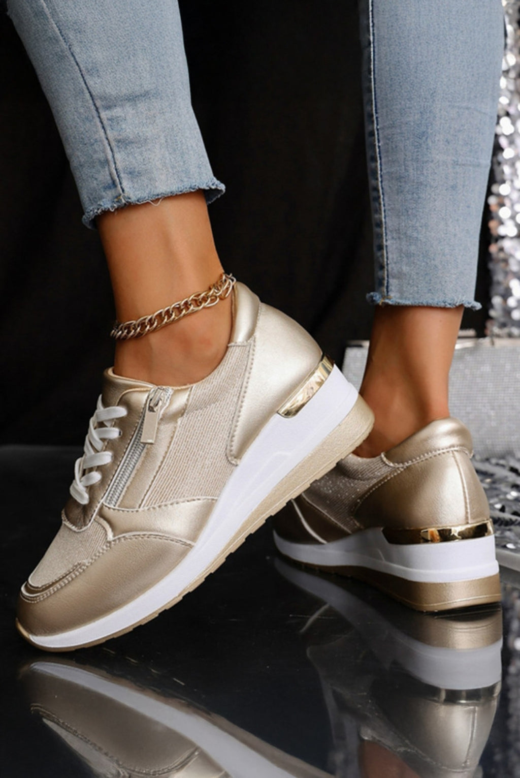 Gold Lace-Up Fancy Tennis Shoe