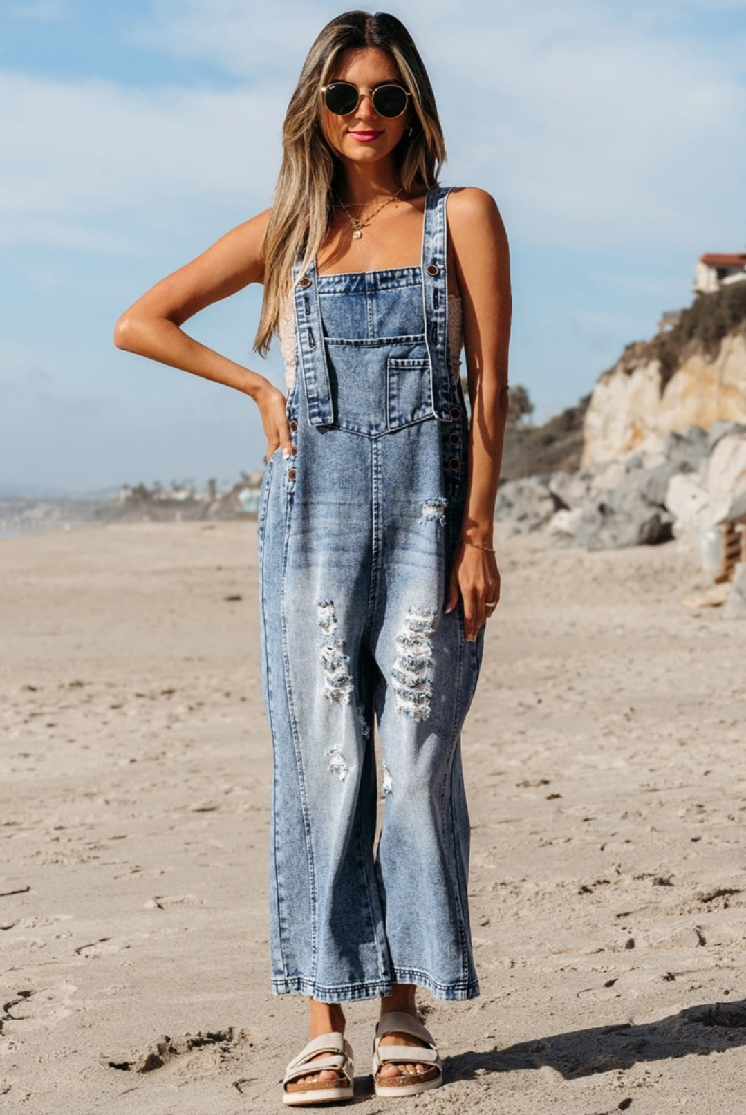 Distressed Wide Leg Denim Overall