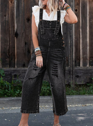 Distressed Wide Leg Denim Overall