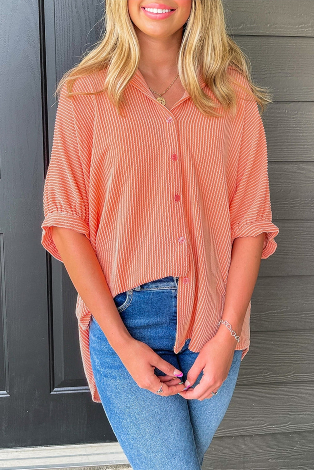 Ribbed 3/4 Button Up In Grapefruit