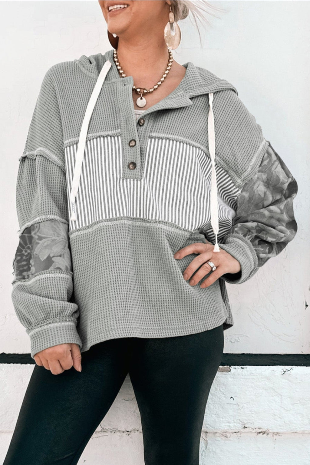 Waffle Patchwork Hooded Top