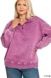 CURVY ACID WASH FLEECE HALF ZIP PULLOVER