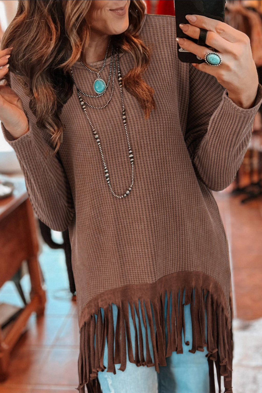 Coffee Waffle Knit With Fringed Hem