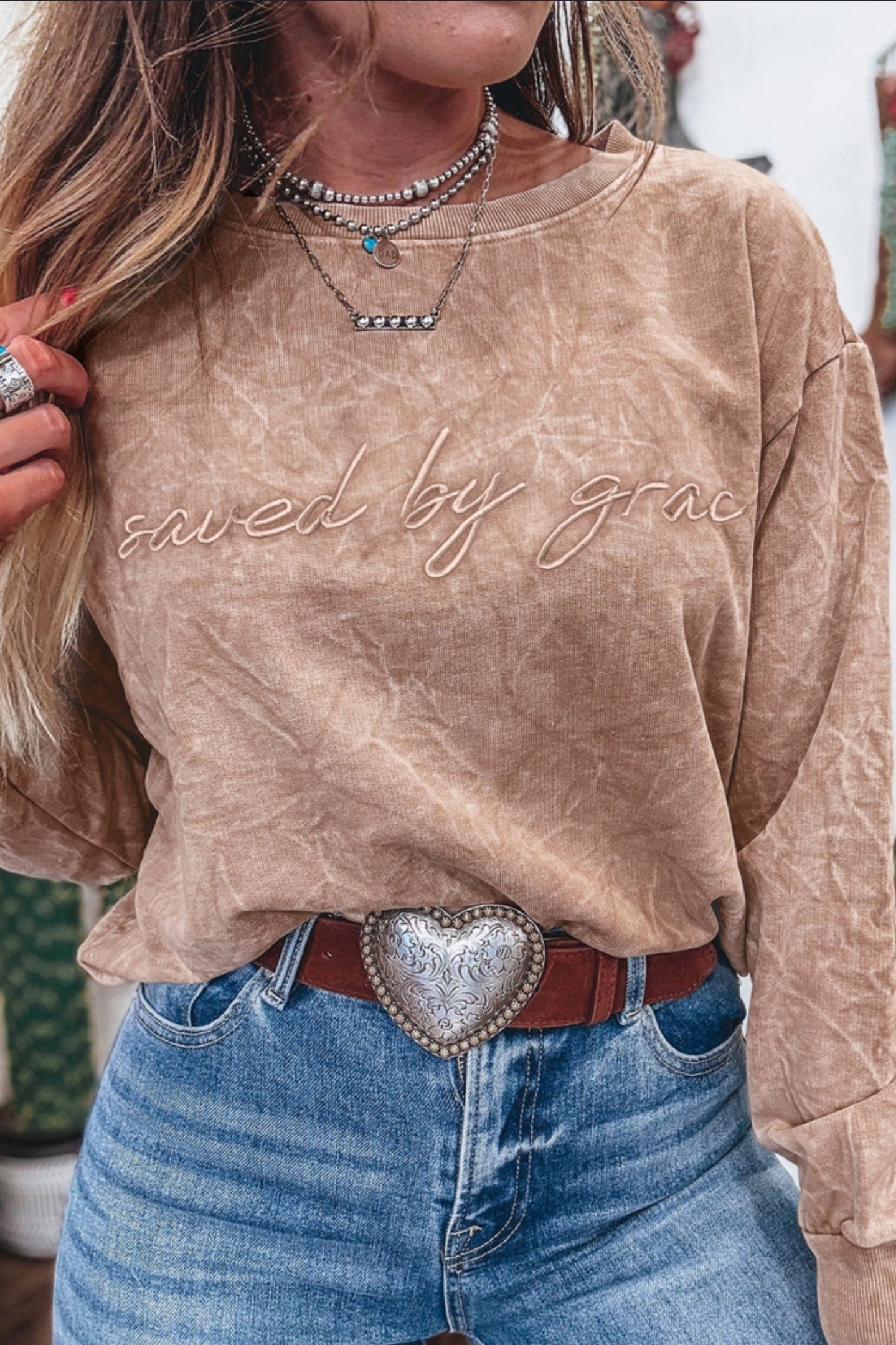 Saved By Grace Embroidery Mineral Wash Sweatshirt