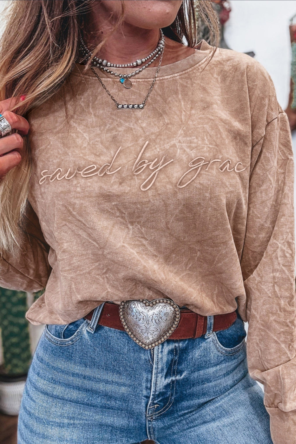 Saved By Grace Embroidery Mineral Wash Sweatshirt