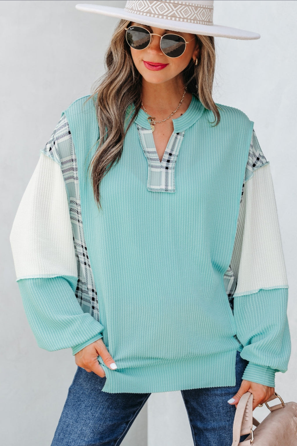 Ribbed With A Touch Of Plaid Top