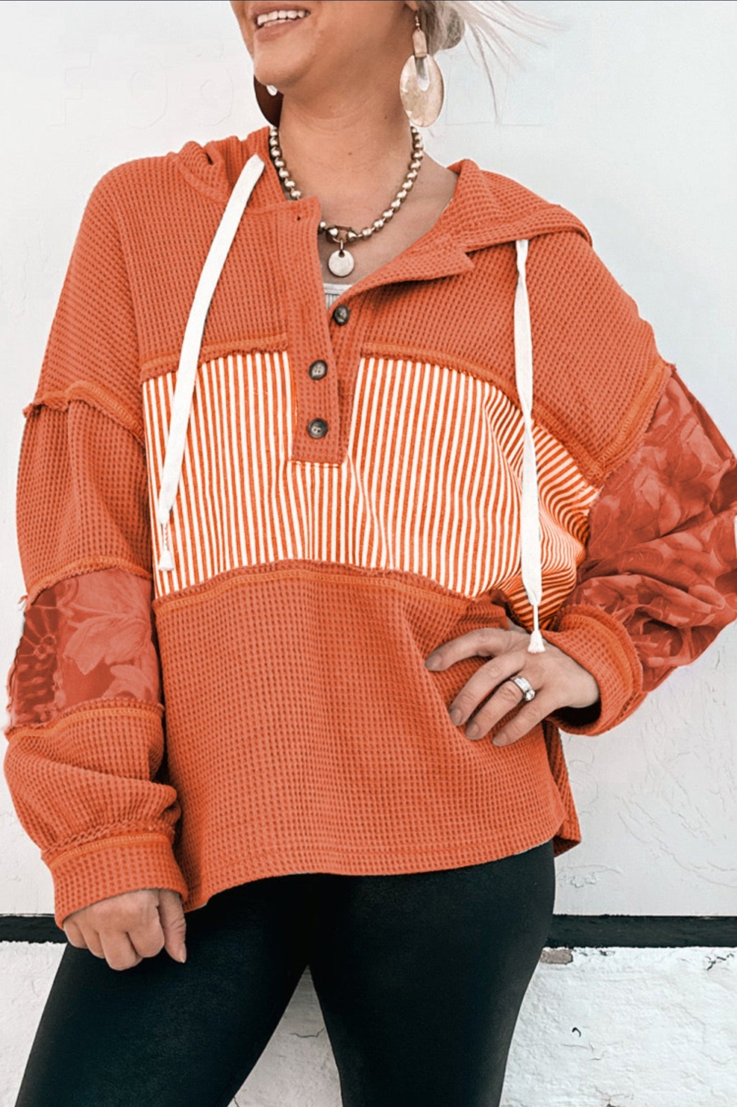 Waffle Patchwork Hooded Top