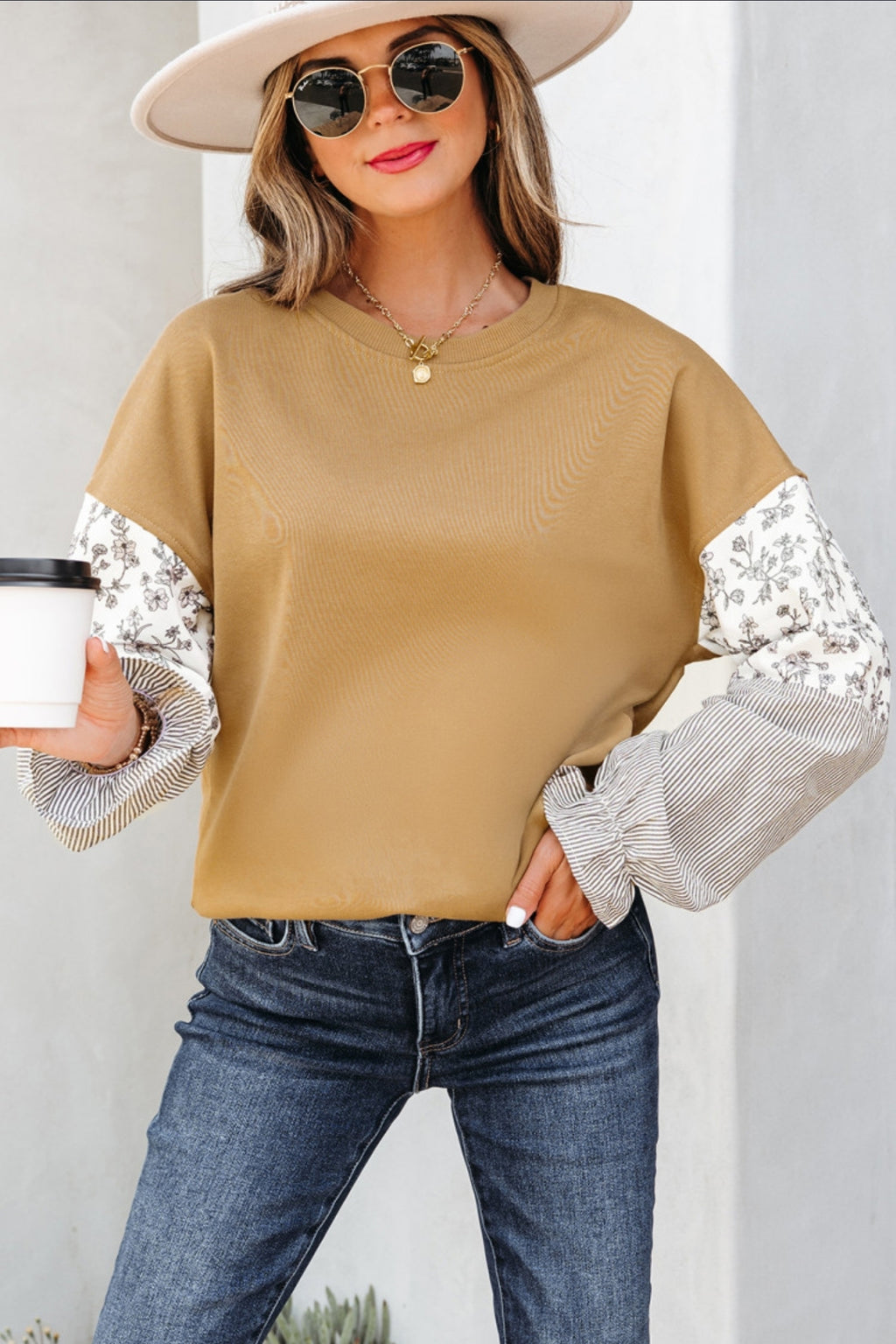 Cute As Ever Camel With Print Sleeves Top