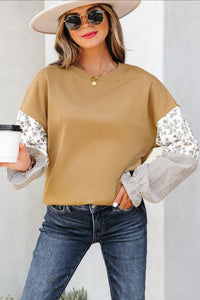 Cute As Ever Camel With Print Sleeves Top