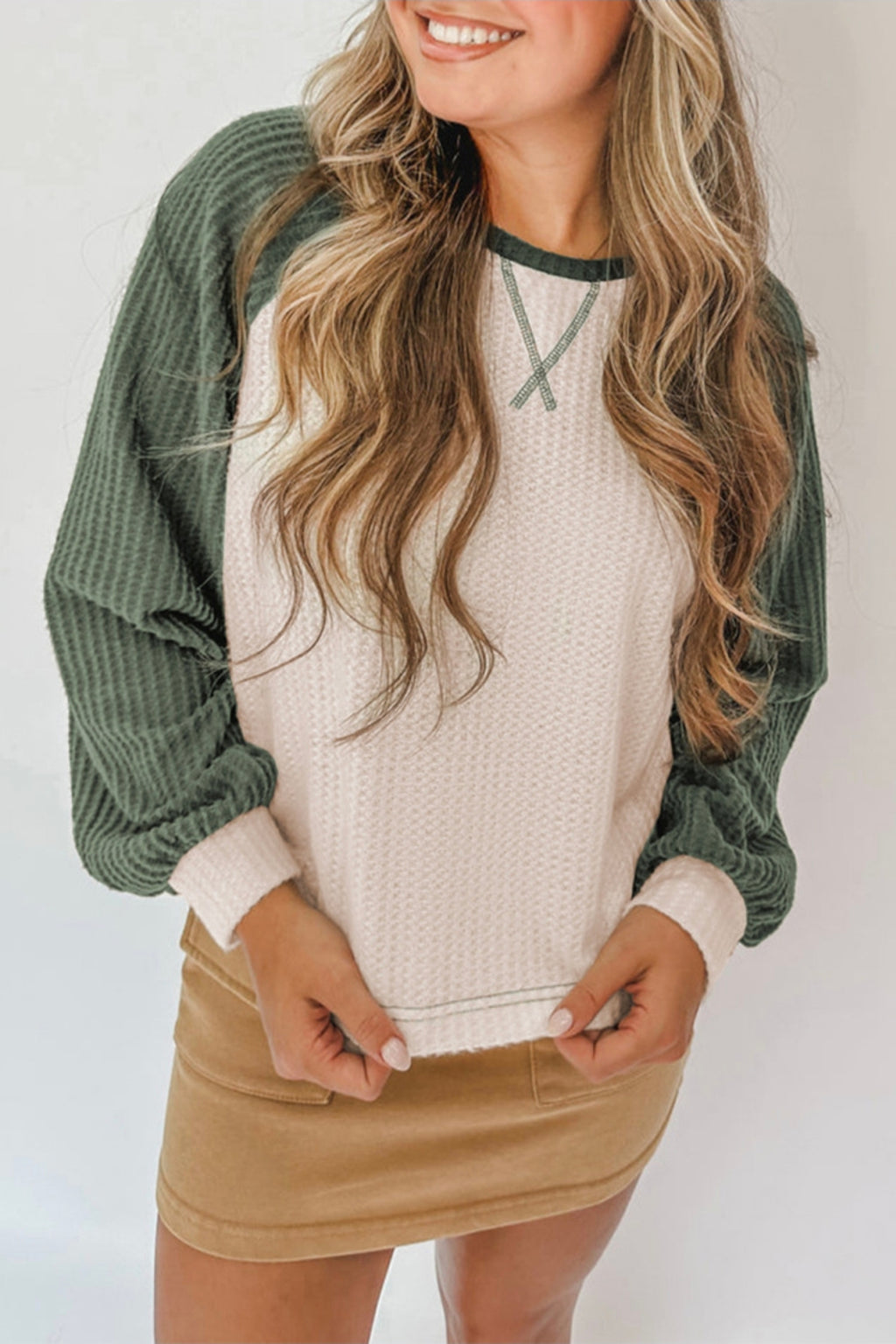 Waffle Knit With Green Sleeves Top