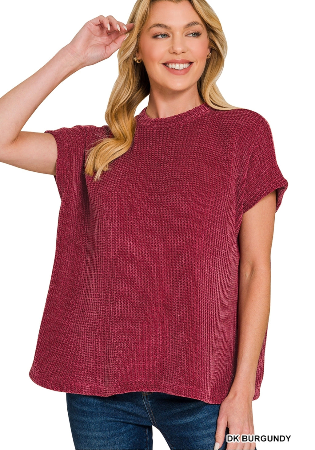 Zenana Chenille Waffle Cap Sleeve Sweater
