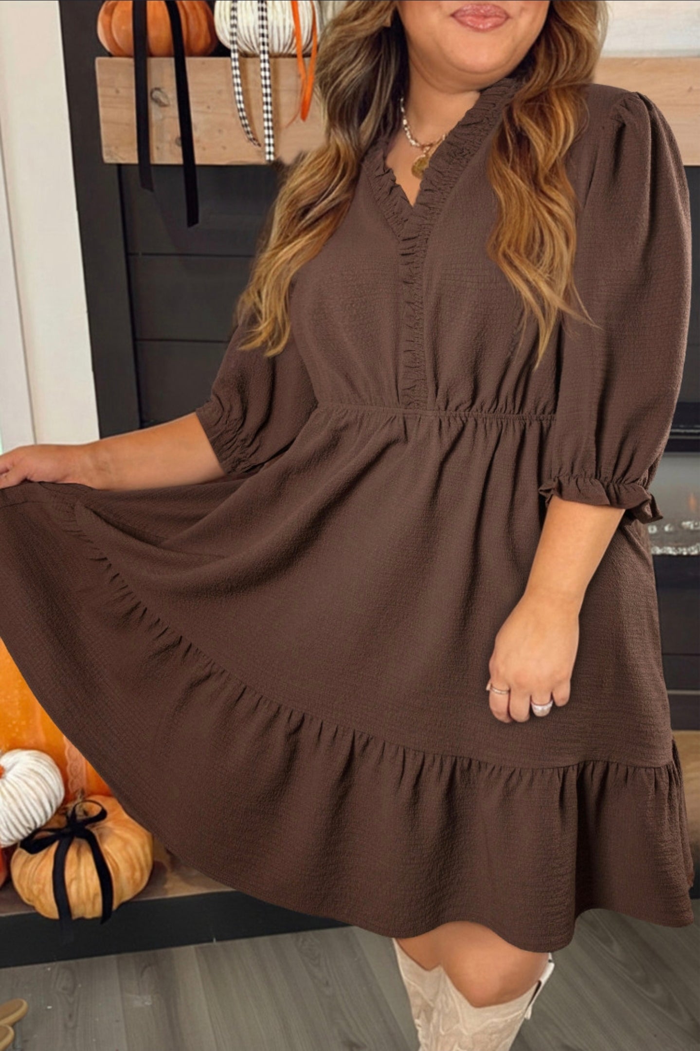 CURVY Coffee Tiered Dress