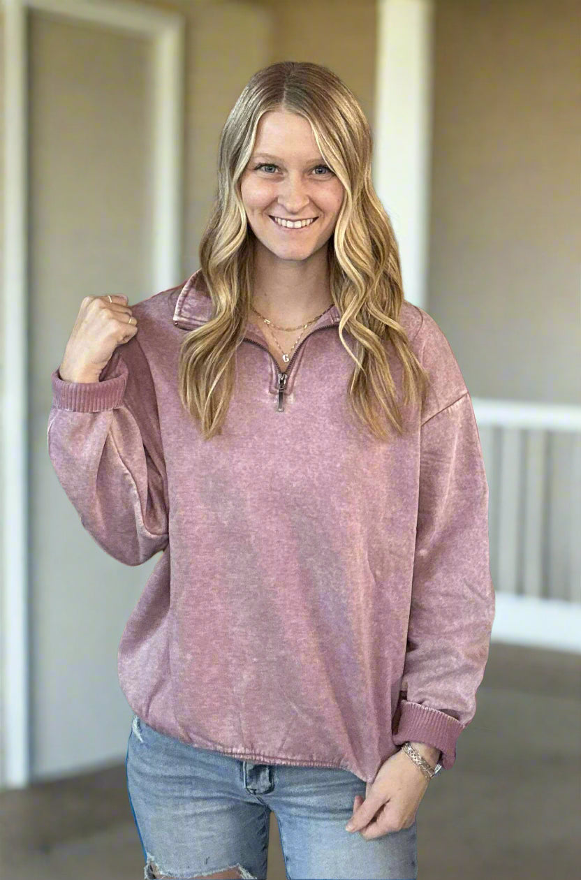 ACID WASH FLEECE HALF ZIP PULLOVER