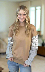 Cute As Ever Camel With Print Sleeves Top